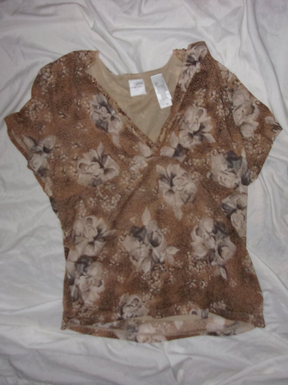 size large tan white brown print shirt womens blouse casual dress career